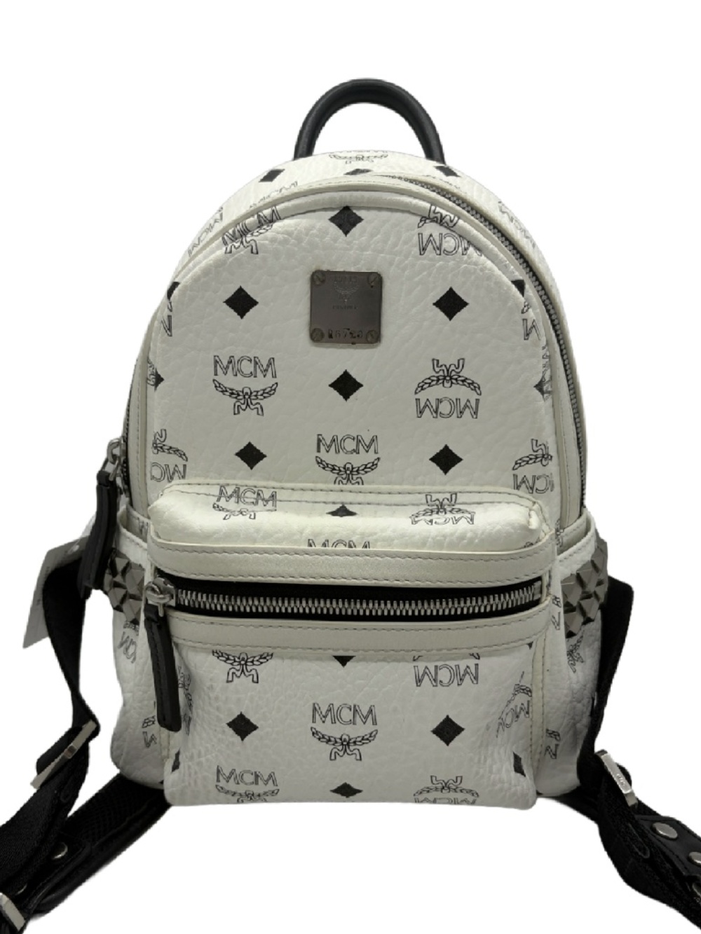 MCM White Visetos Mini Backpack Black Trim Studded